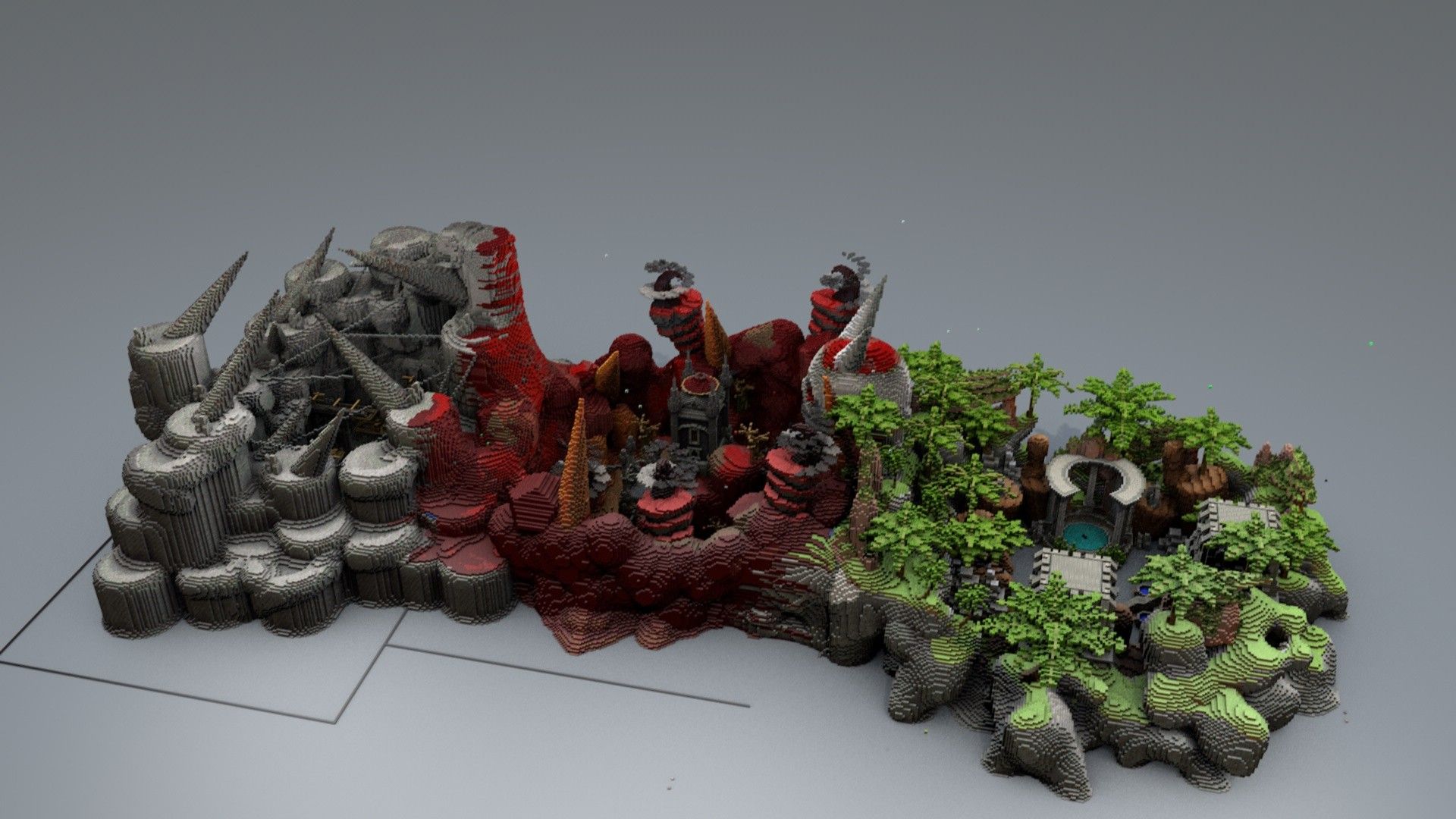 Custom terrain split between red nether crags and lush jungle