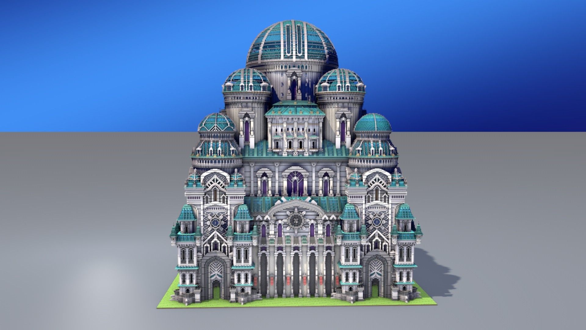 Byzantine cathedral with teal copper domes, carved white stone and purple stained glass
