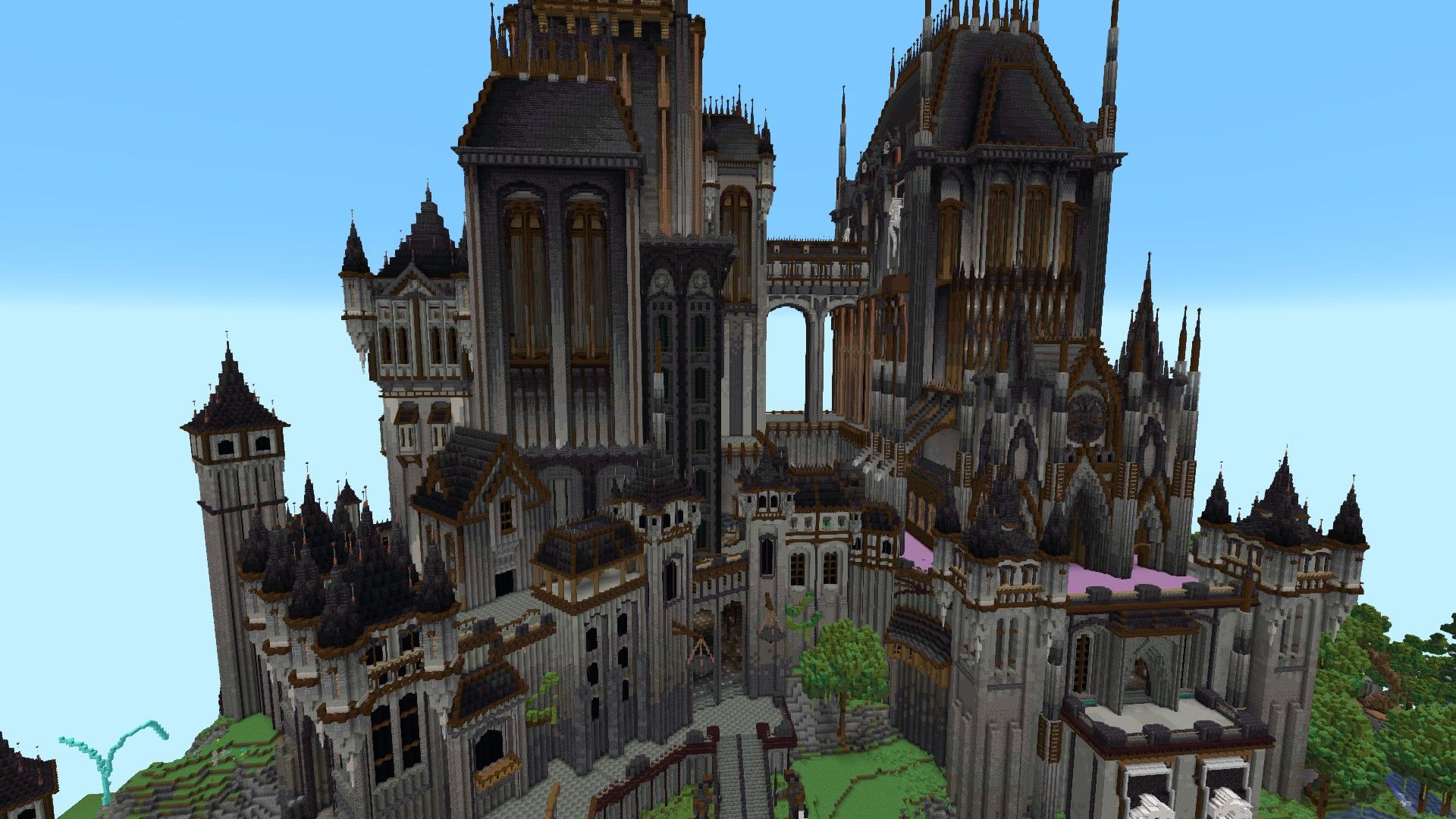Dark gothic citadel with spires and bridges rising over a forested cliff