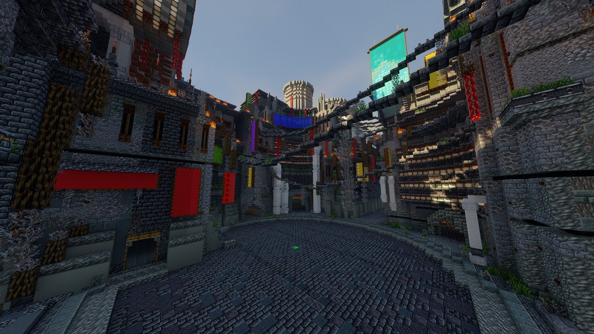 Medieval city plaza ringed by stone towers, colored banners and lantern-lit walls
