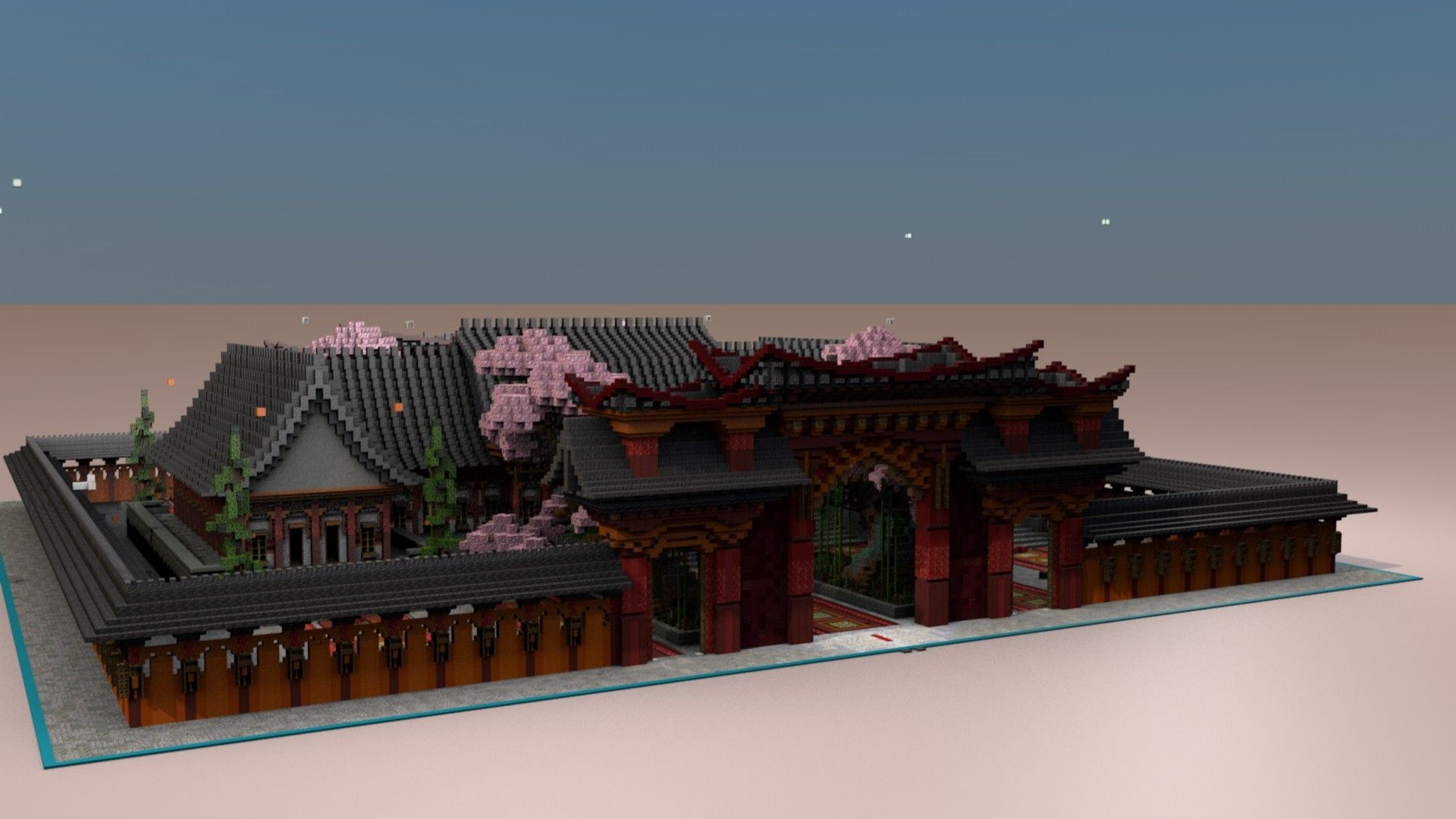 Red lacquered temple courtyard with cherry blossom trees