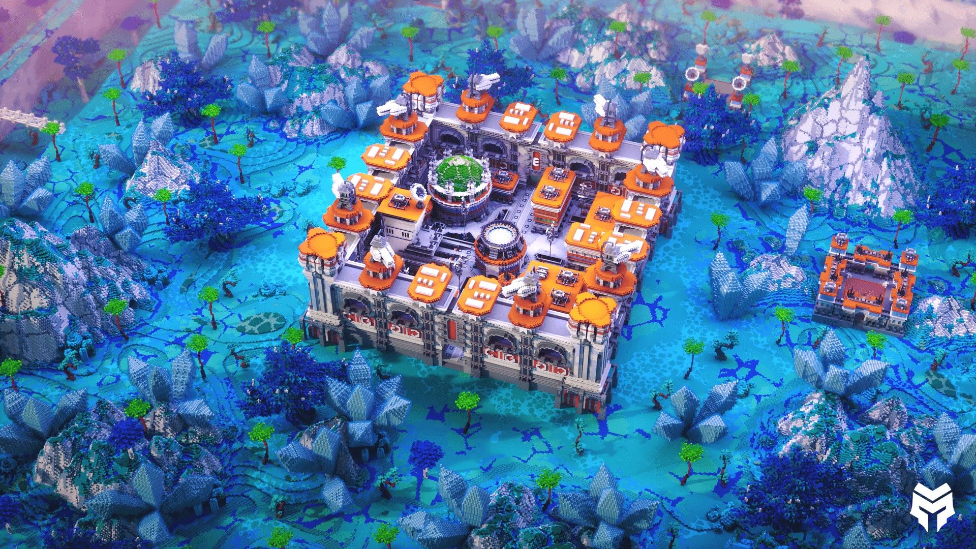 Orange-roofed arena fortress floating on a sea of blue crystals