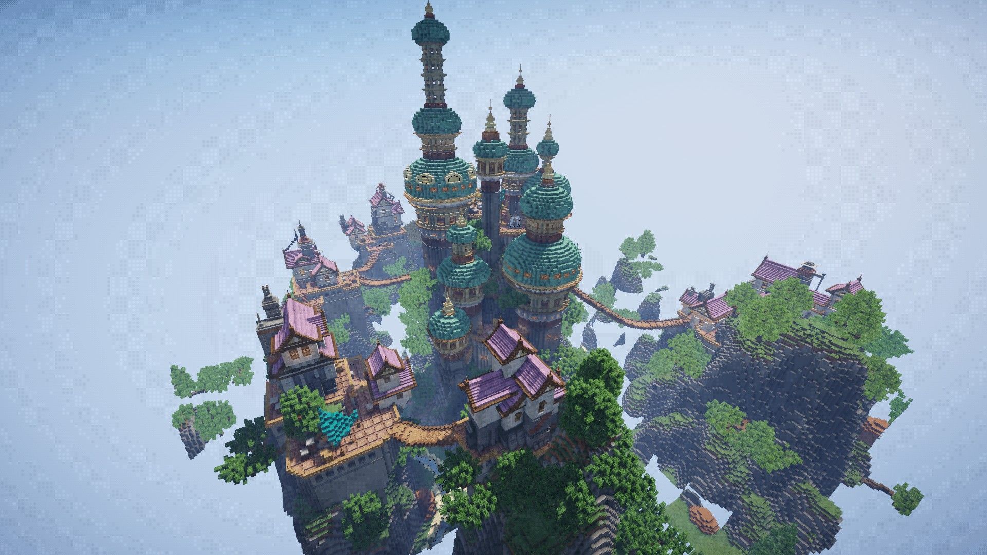 Floating island with a palace of teal onion domes and pink roofs