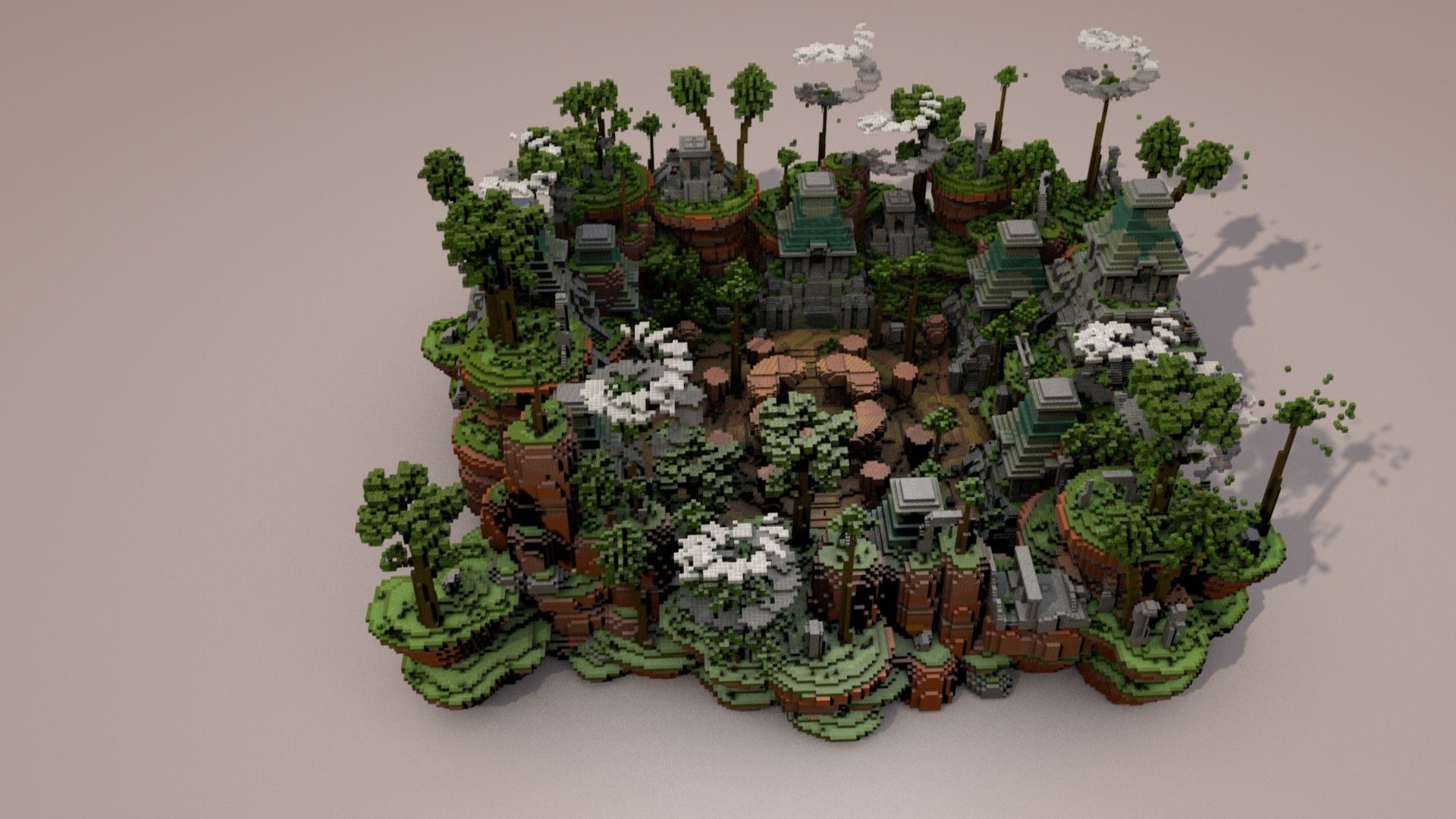 Terraced garden spawn with white flowering trees and moss