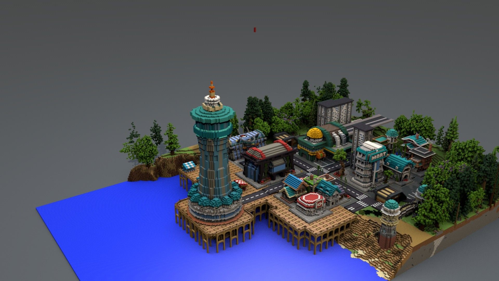 Futuristic harbor town with a teal lighthouse tower and docks