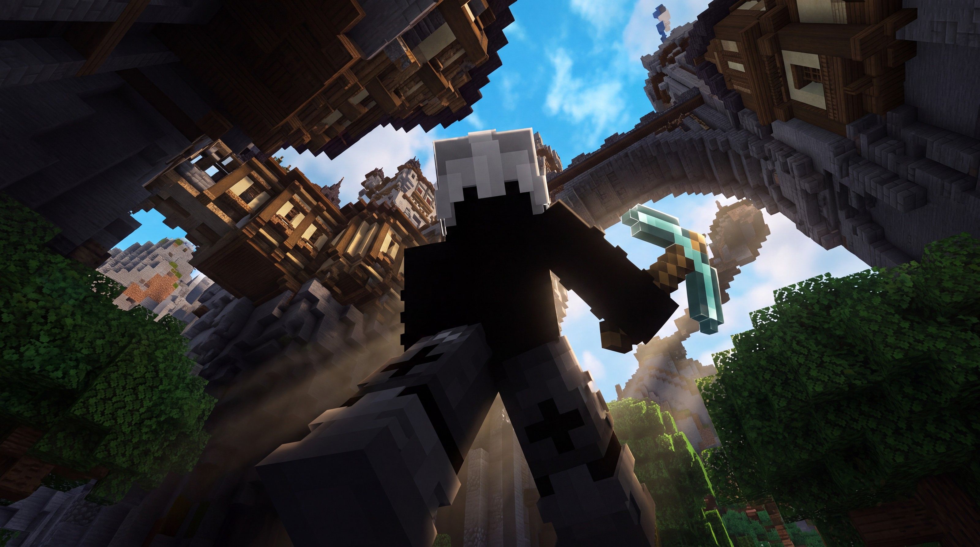 Tom's Minecraft character seen from below, diamond pickaxe in hand, under floating castles