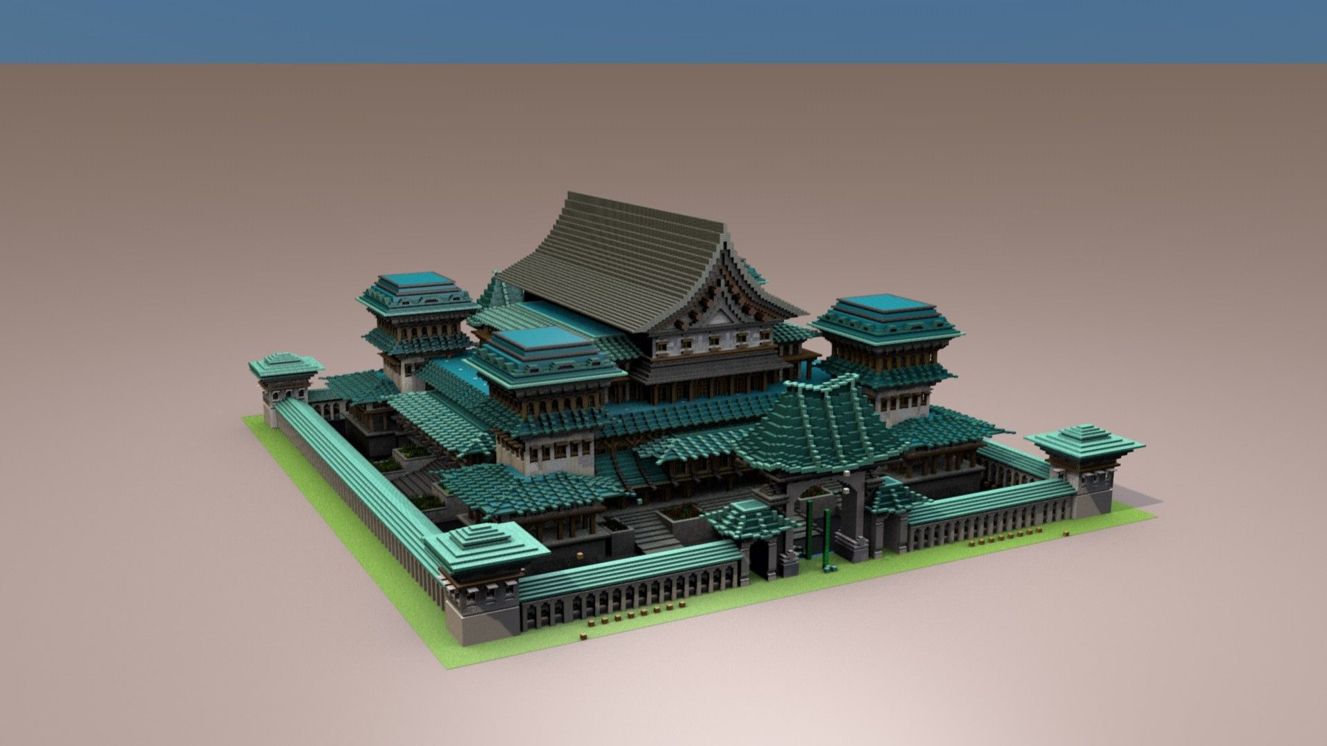 Oriental palace with layered teal roofs on a stone platform