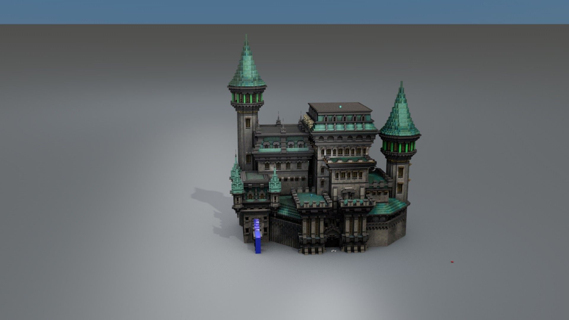 Compact dark keep with teal conical towers