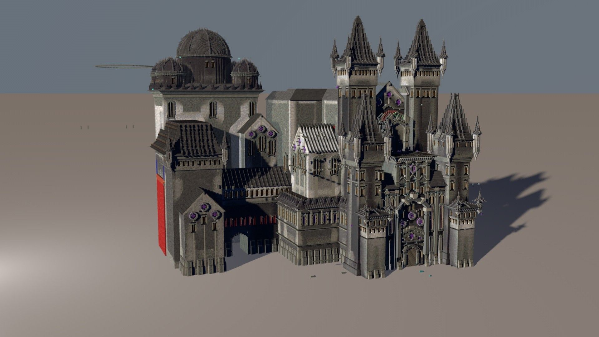 Grand gothic palace with an observatory dome and purple banners