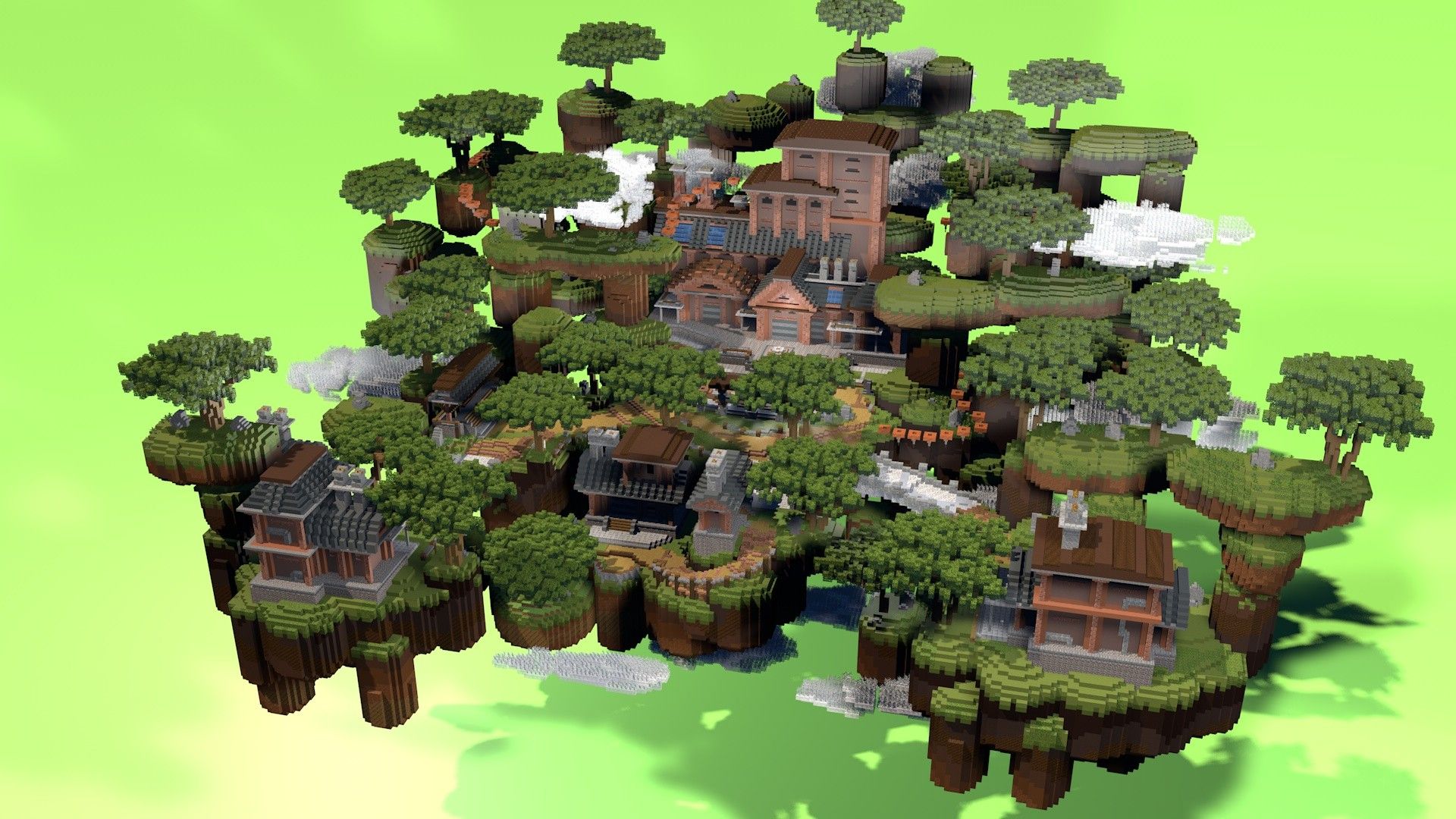 Floating islands packed with brick houses and custom trees over a green void