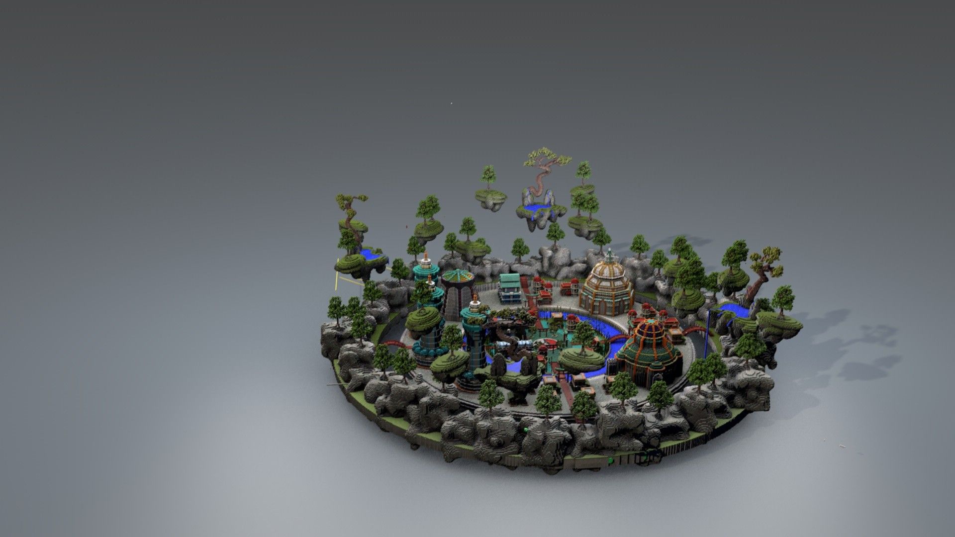 Round spawn island with a central fountain, teal towers and dense trees