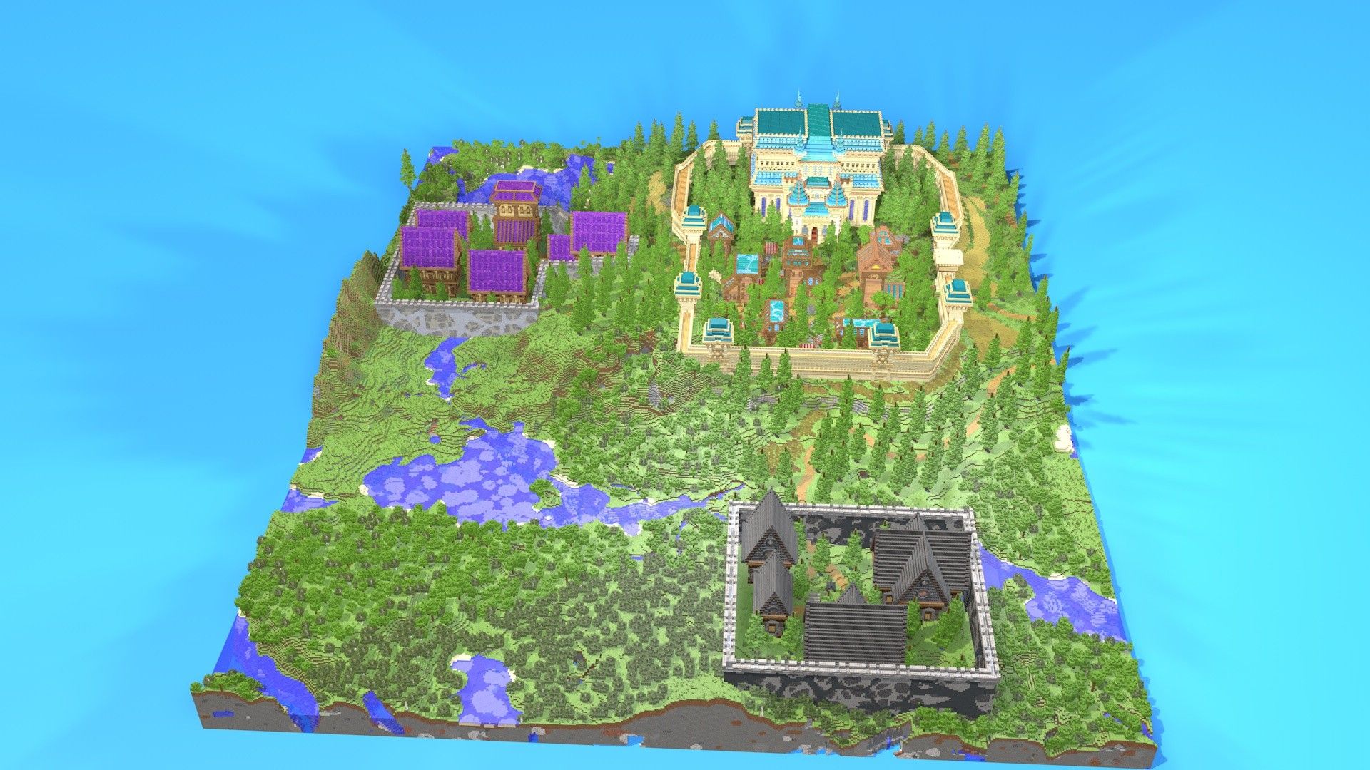 Square survival map with rivers, forest, a teal manor and purple-roofed village