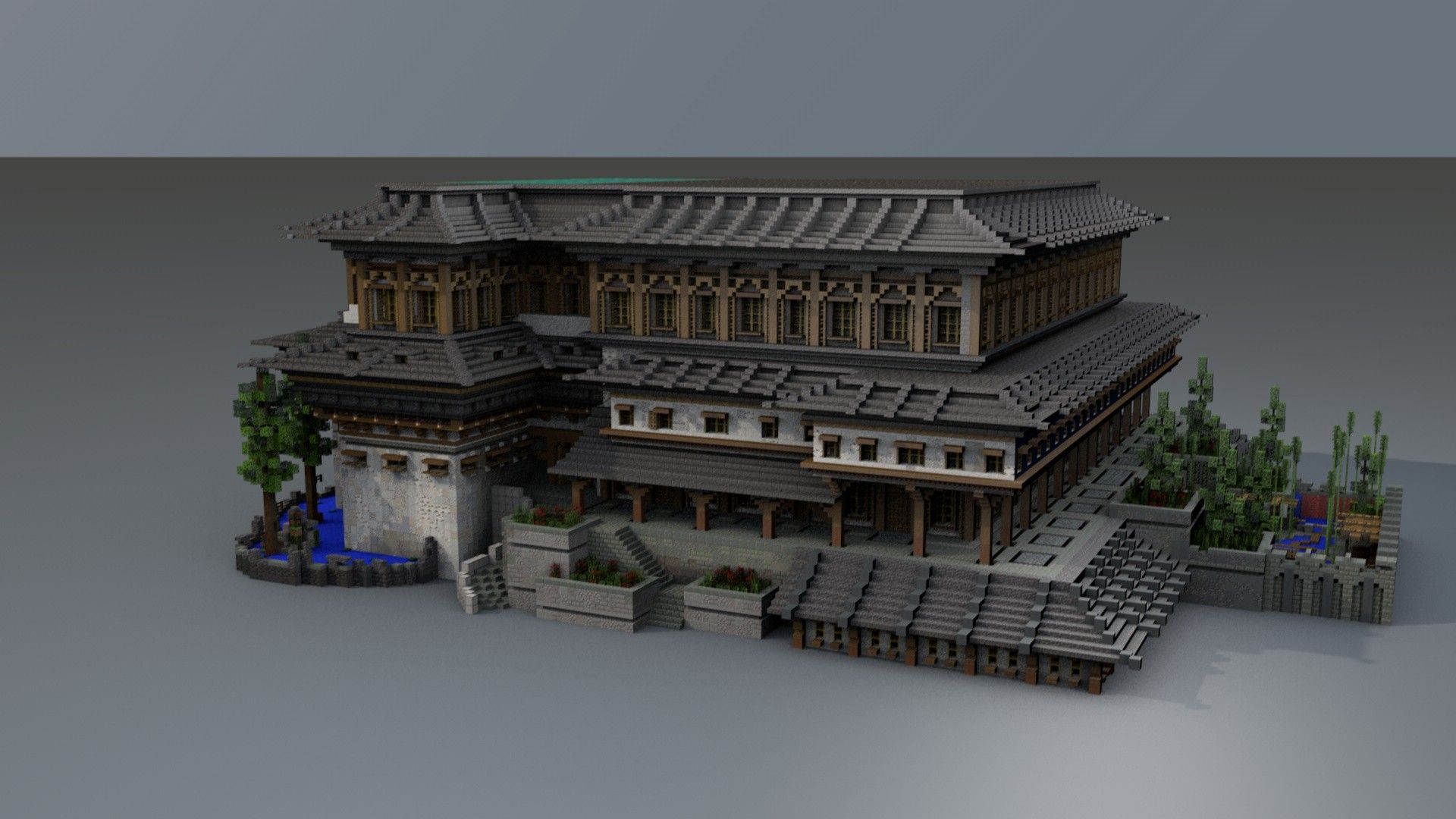Multi-level oriental tea house with dark tiled roofs and bamboo gardens