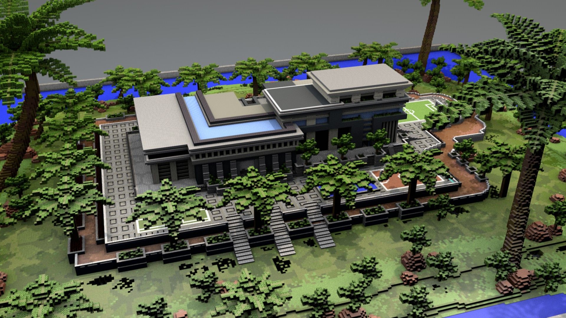Modern concrete villa with glass walls surrounded by palm trees and a river
